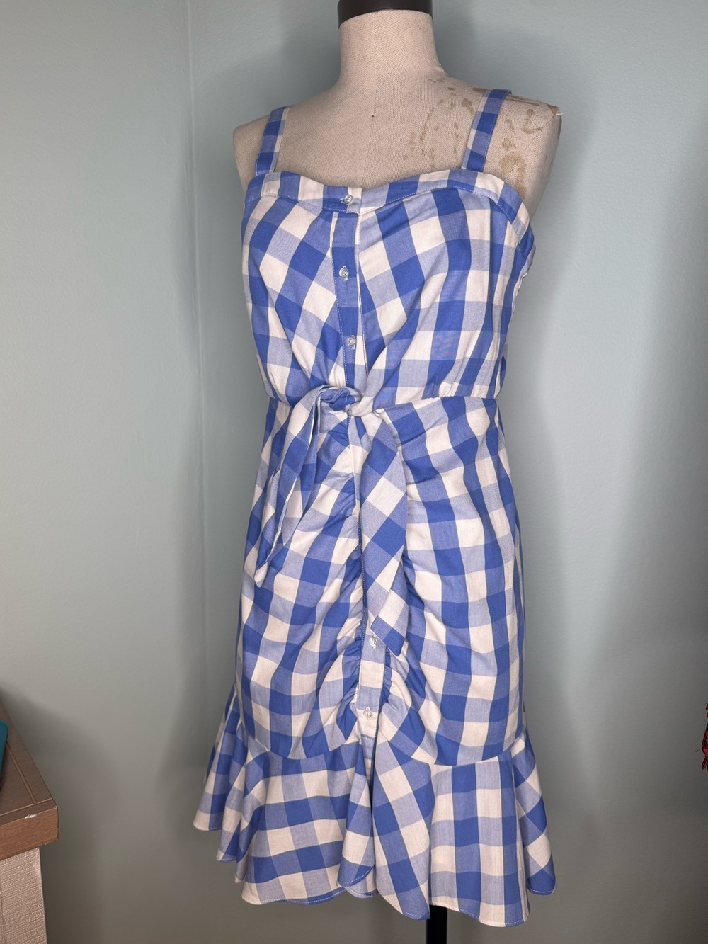 Likely NYC Blue Gingham Mini Dress - Size 2 - Tie Waist Ruffle Hem